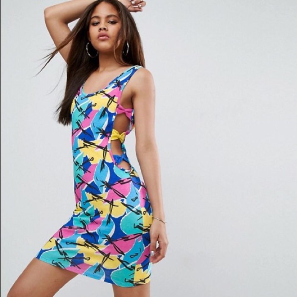 ASOS Bow Side Cut Out Dress Bright Abstract Print - Picture 1 of 8
